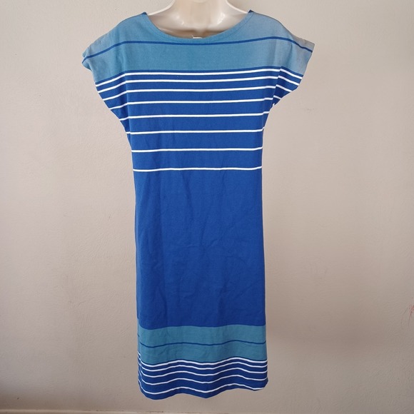 Vintage 1960s Mod Boat Neck Shift Dress Resort Nautical Blue Stripes Cap Sleeve - Picture 3 of 13